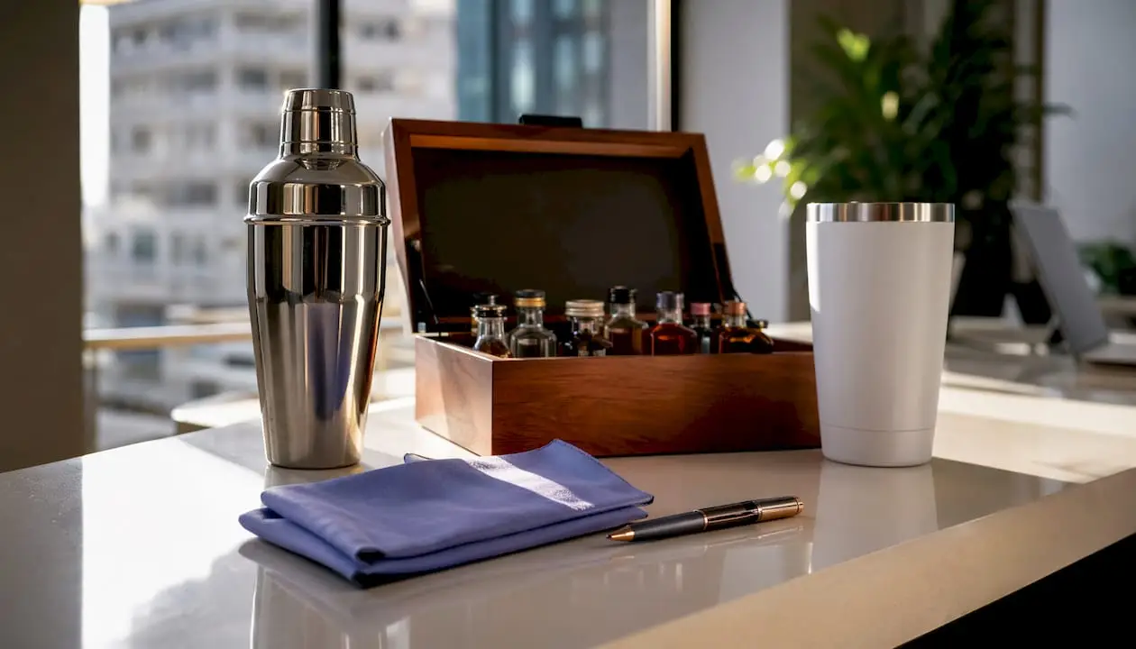 Branded keepsakes and tasting kit on wooden table