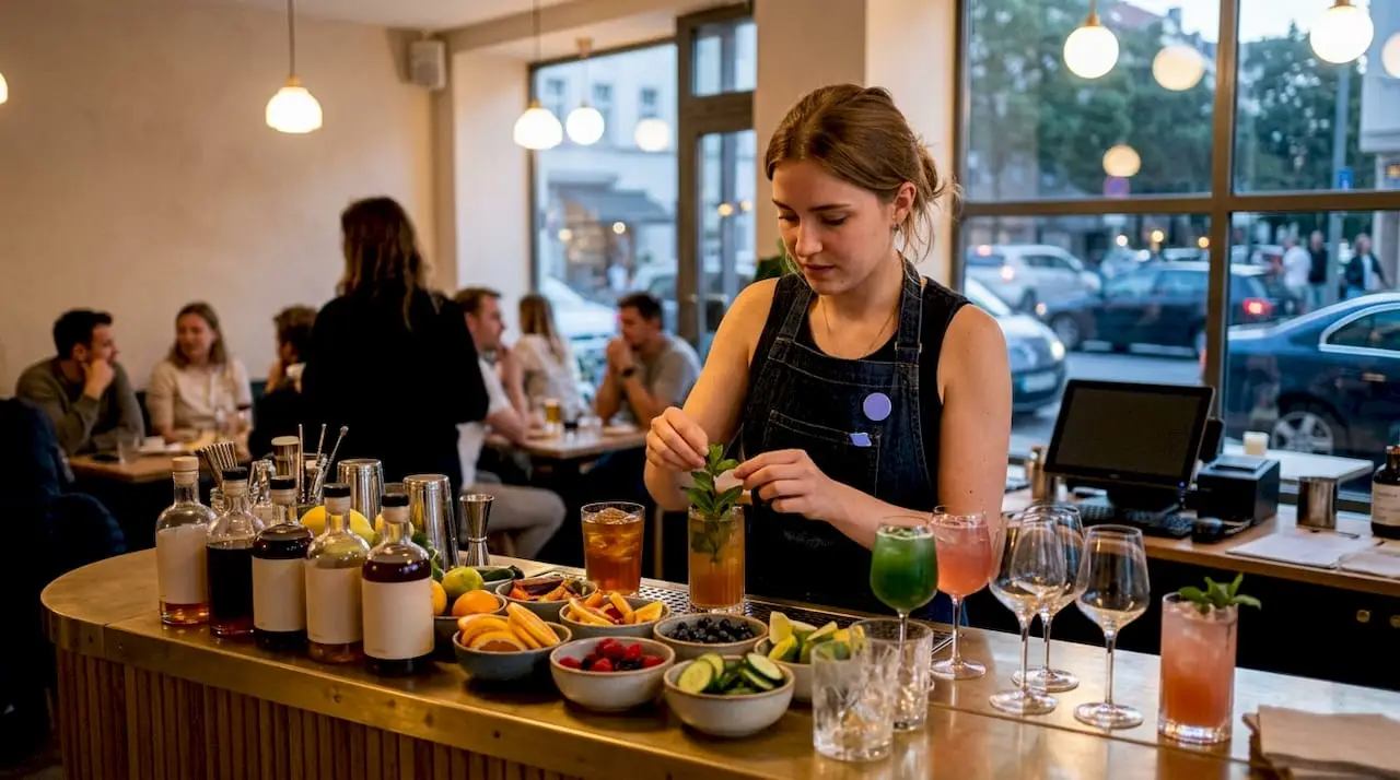 Bartender preparing stylish mocktail at rooftop bar