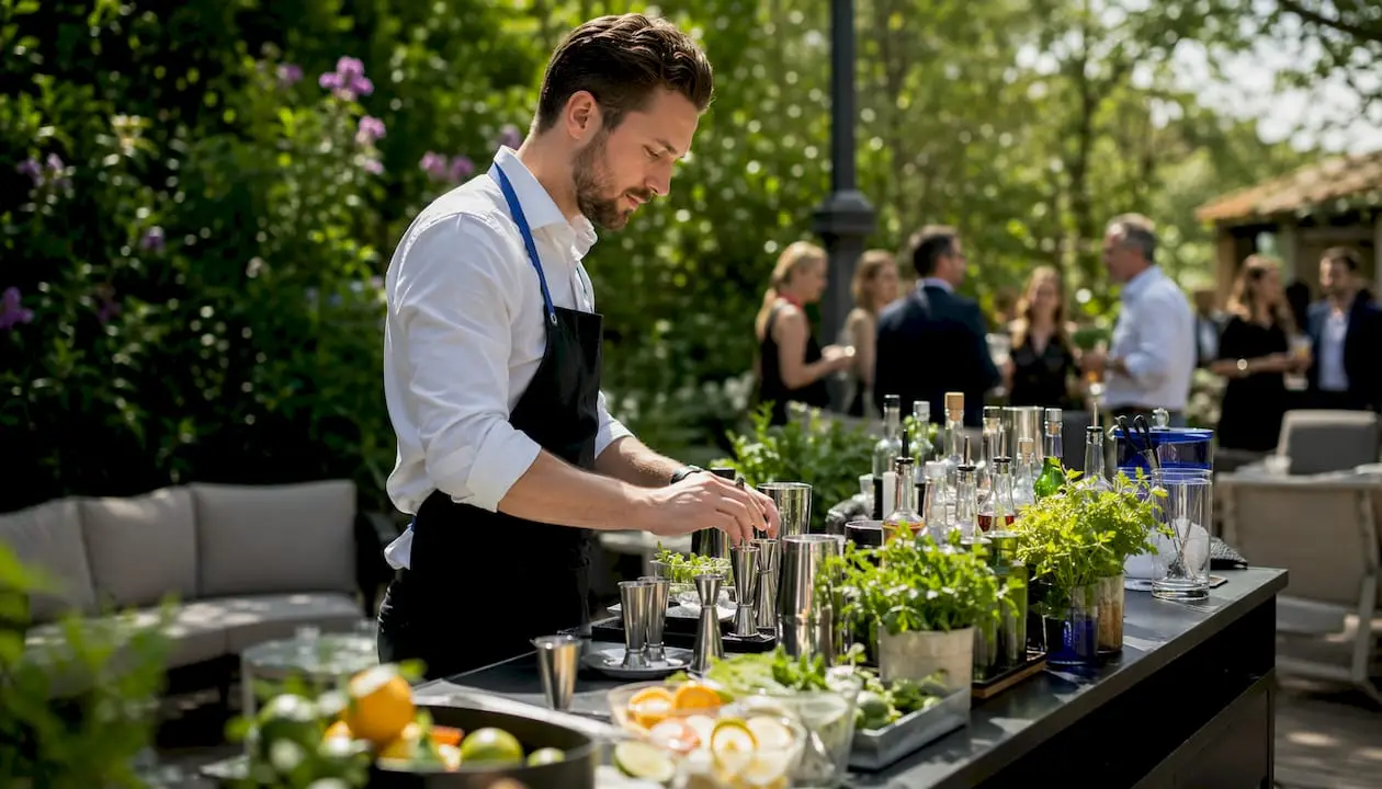 Bartender setting up private event bar station