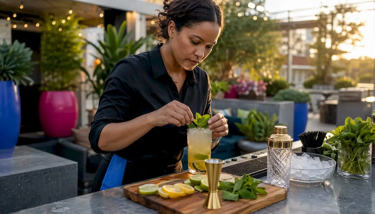 Bartender preparing non-alcoholic cocktail at event bar