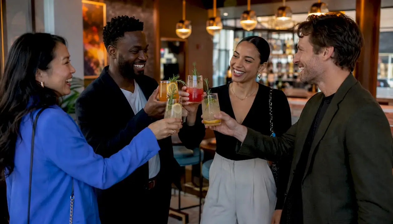 Group enjoying canned mocktails at rooftop event