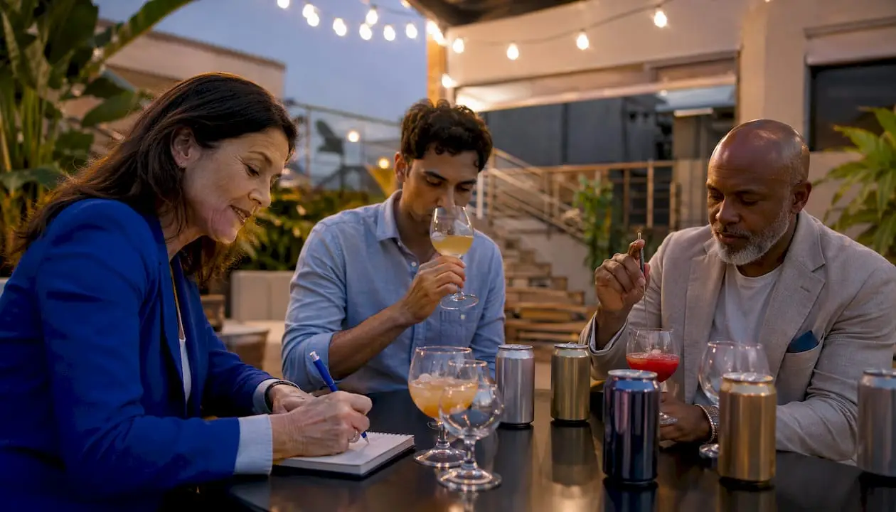 Tasting panel reviewing canned mocktails