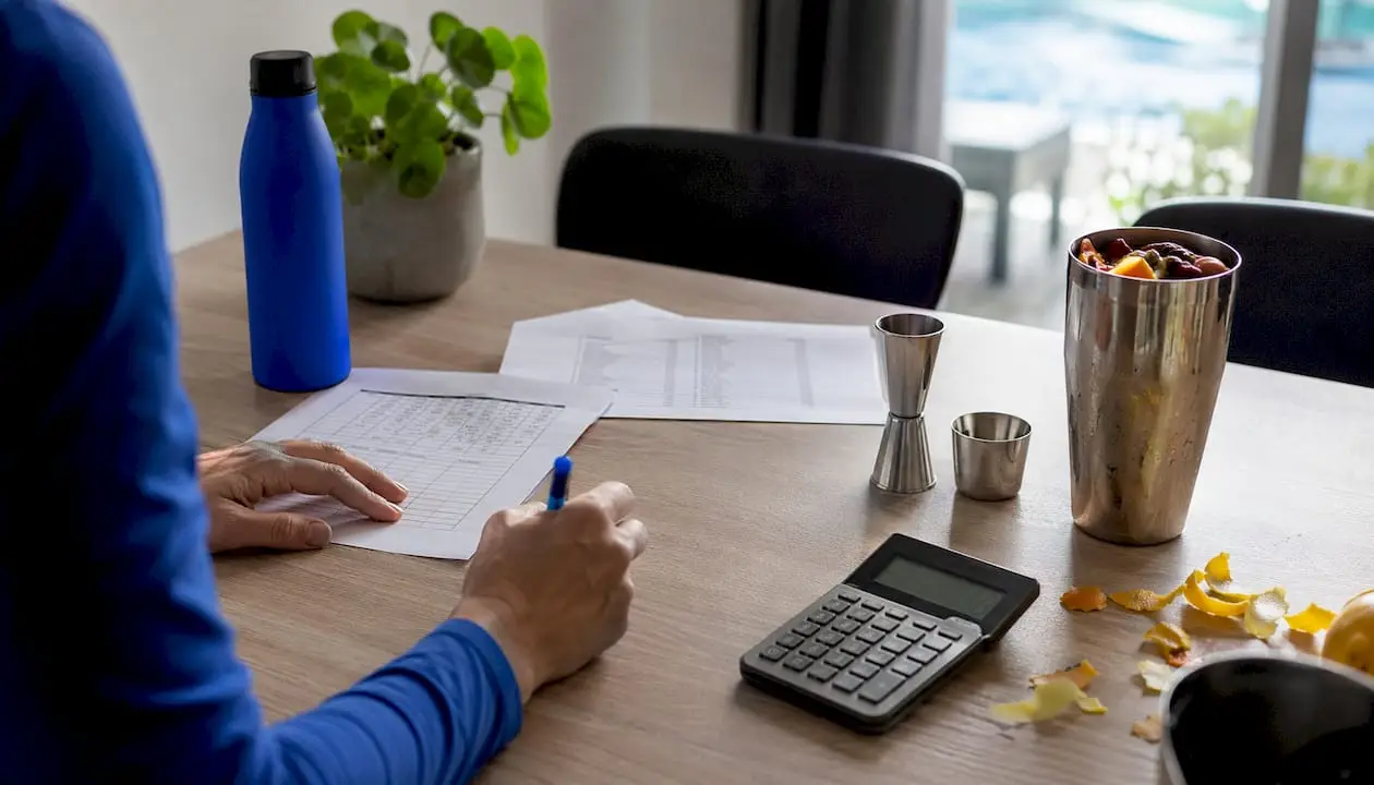 Hands planning cocktail volumes with guest list and calculator
