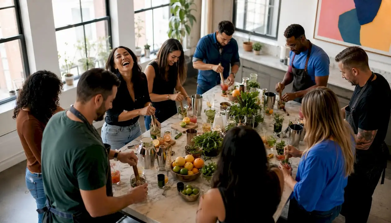 Participants learning cocktail making in home bar