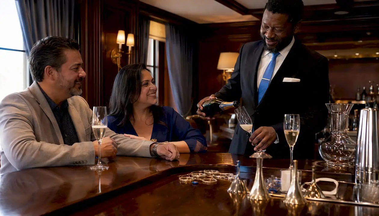 Sommelier pouring sparkling wine at bar