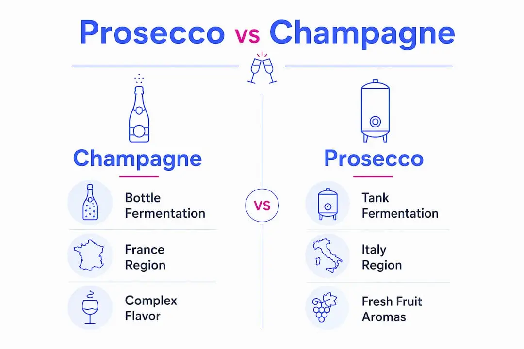 Infographic comparing Prosecco and Champagne key facts