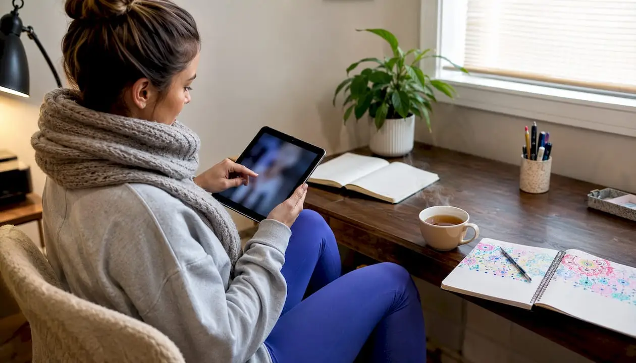 Woman using tablet to plan event at home