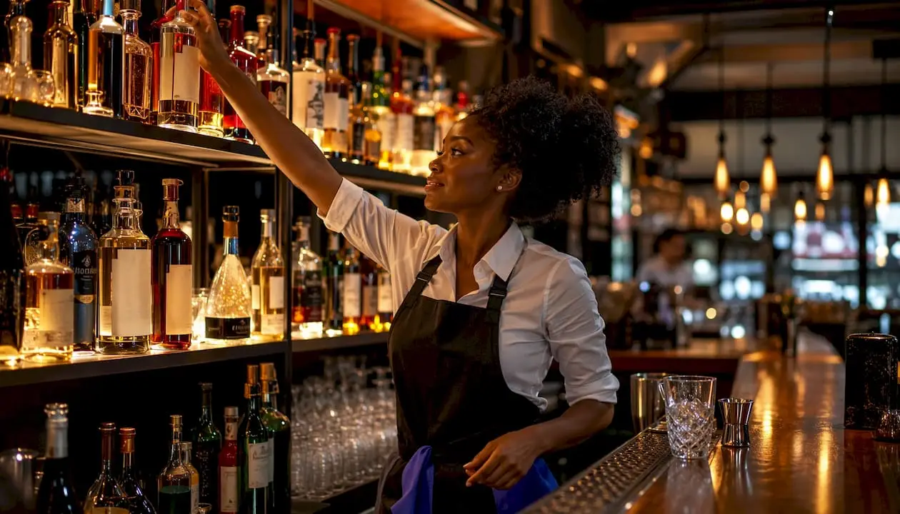 Bartender selecting top-shelf bottle at bar