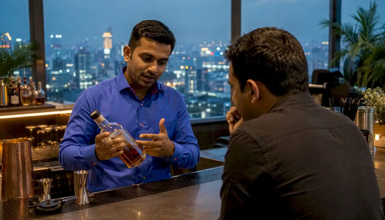Bartender explaining well spirits to customer