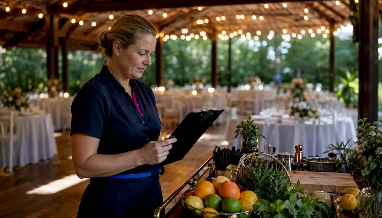 Bartender reviewing checklist before event service