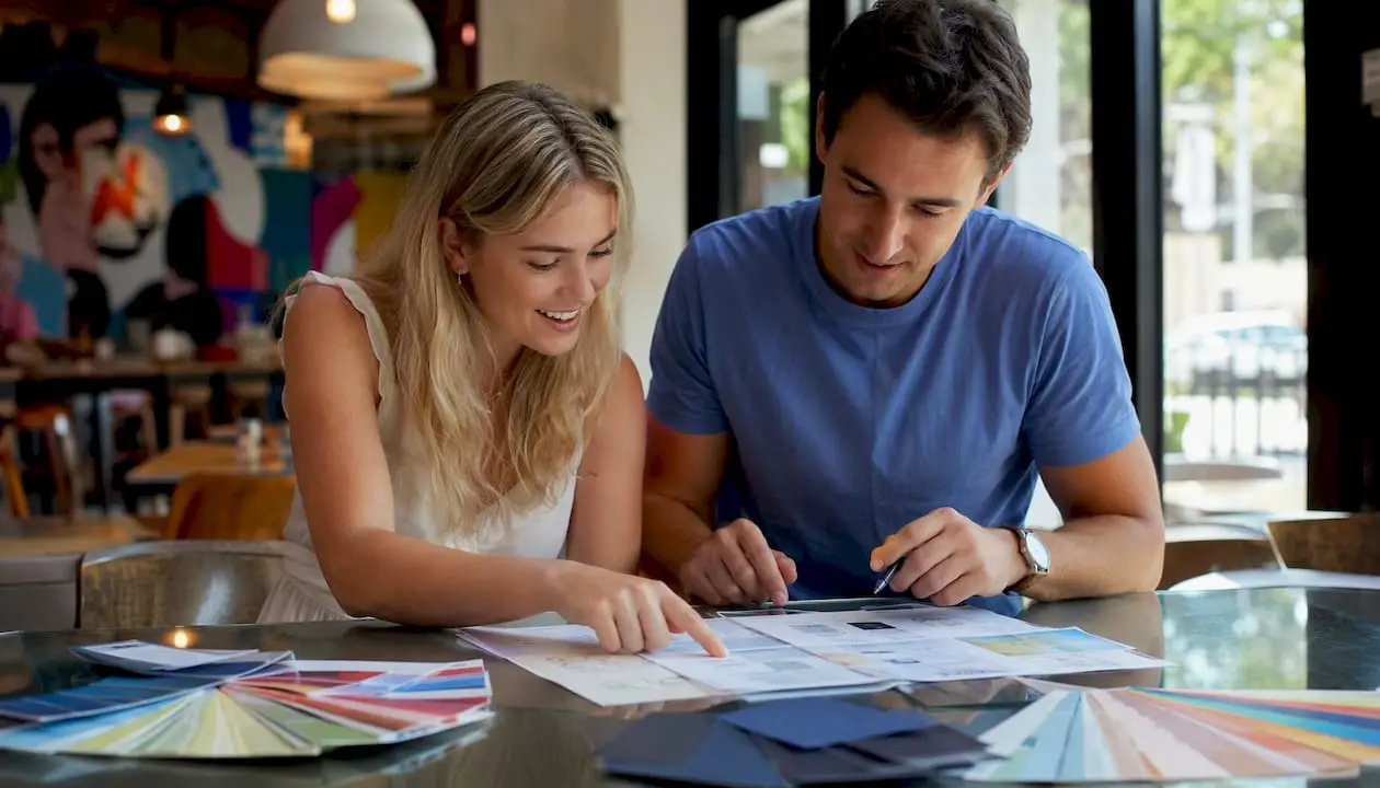 Couple reviewing wedding bar menu templates at table