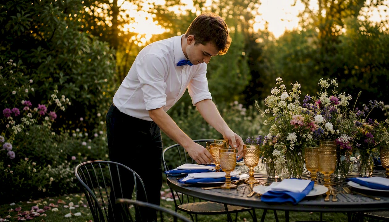 Stylist setting textured glassware on garden wedding table