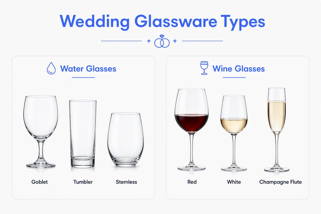 Infographic showing types of wedding glassware