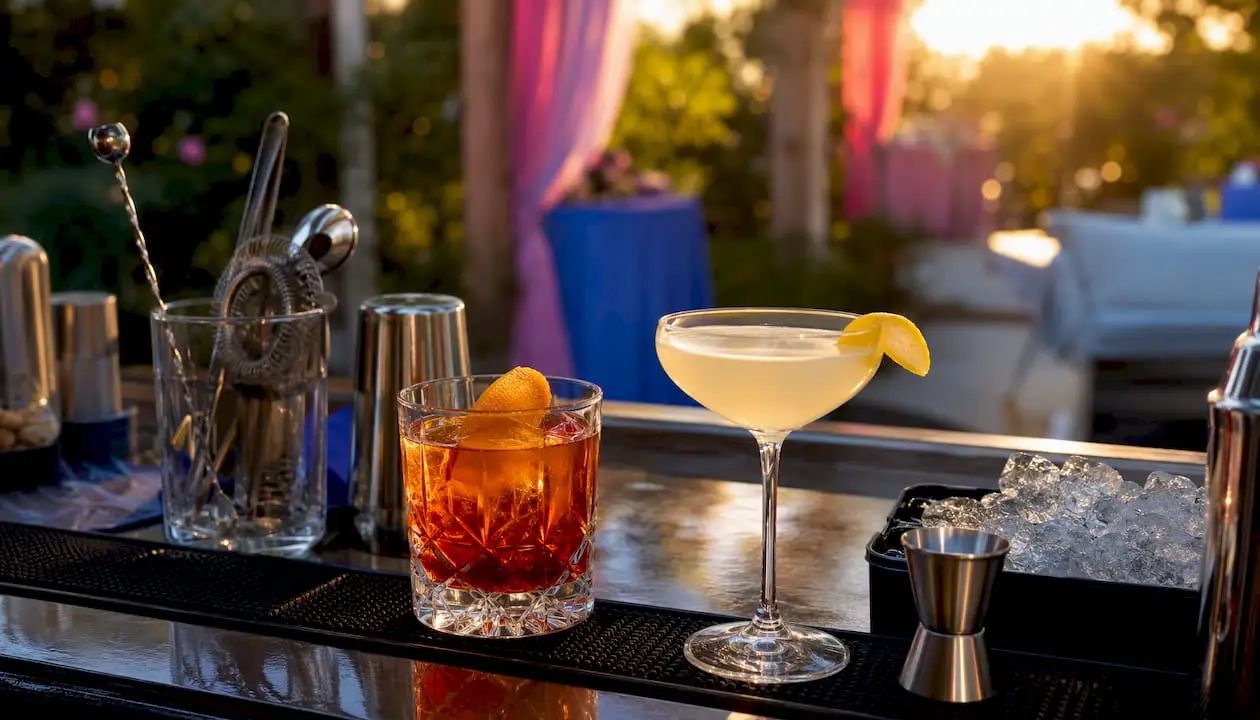 Two paired his and hers cocktails on bar