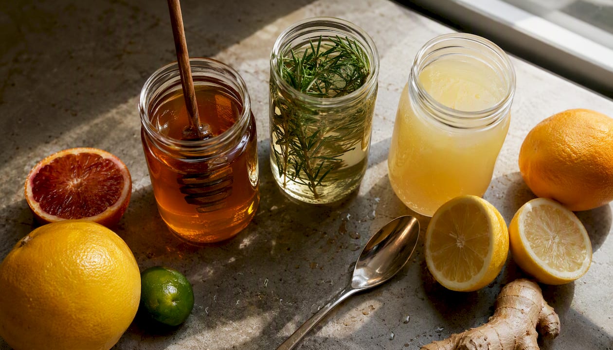 Jars of honey, rosemary, and ginger syrup on wood