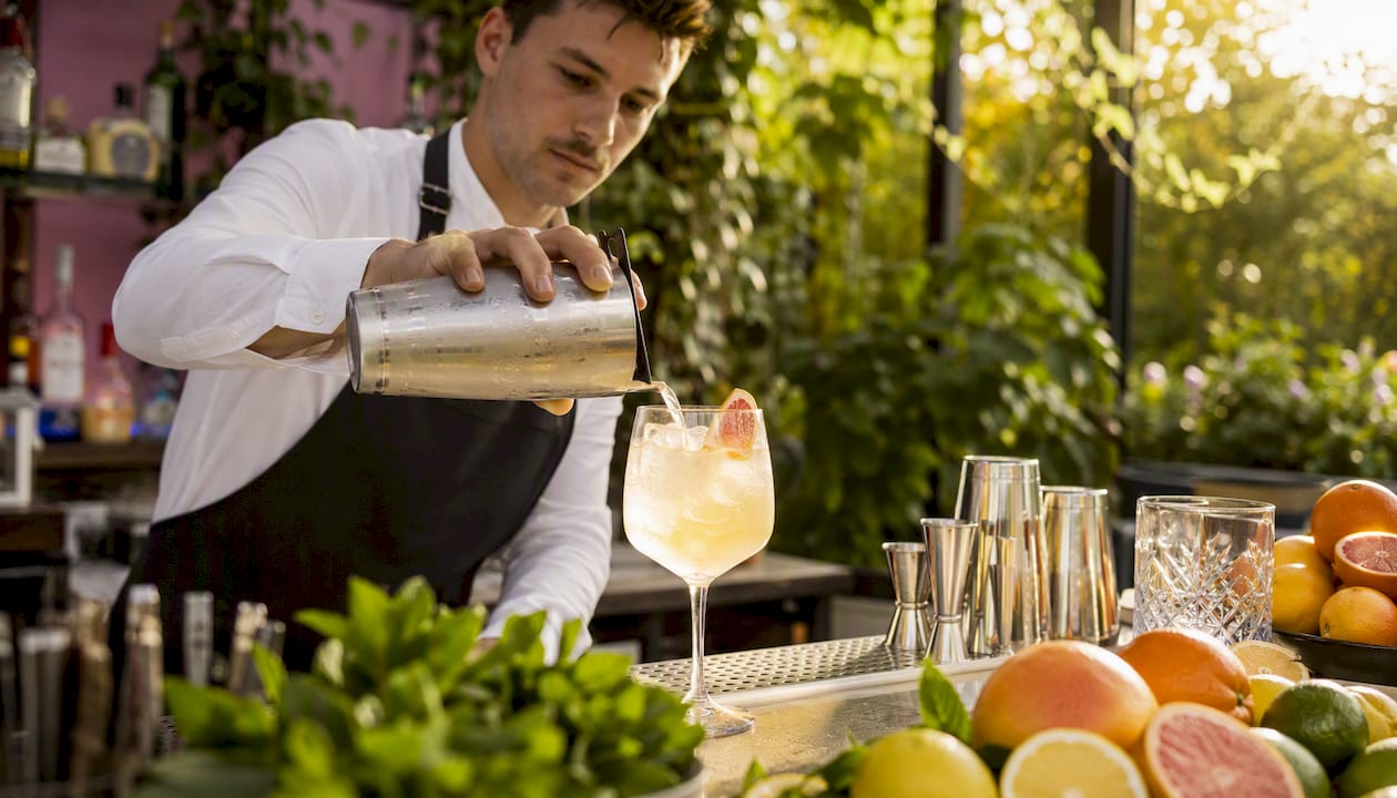 Bartender pouring citrus gin spritz cocktail