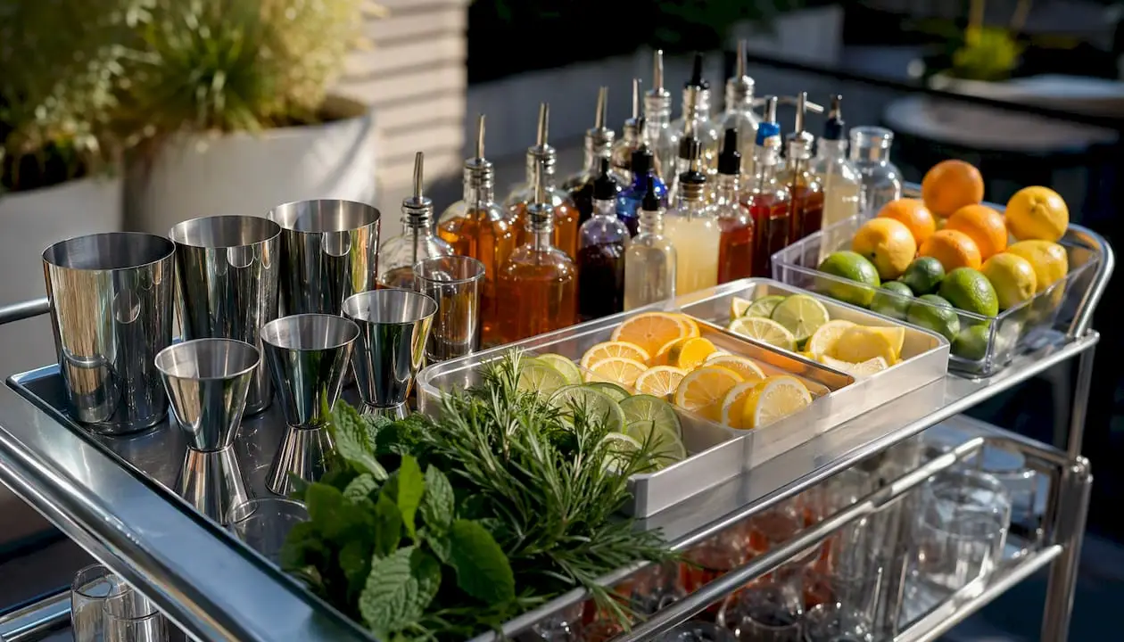 Cocktail class tools and ingredients on table