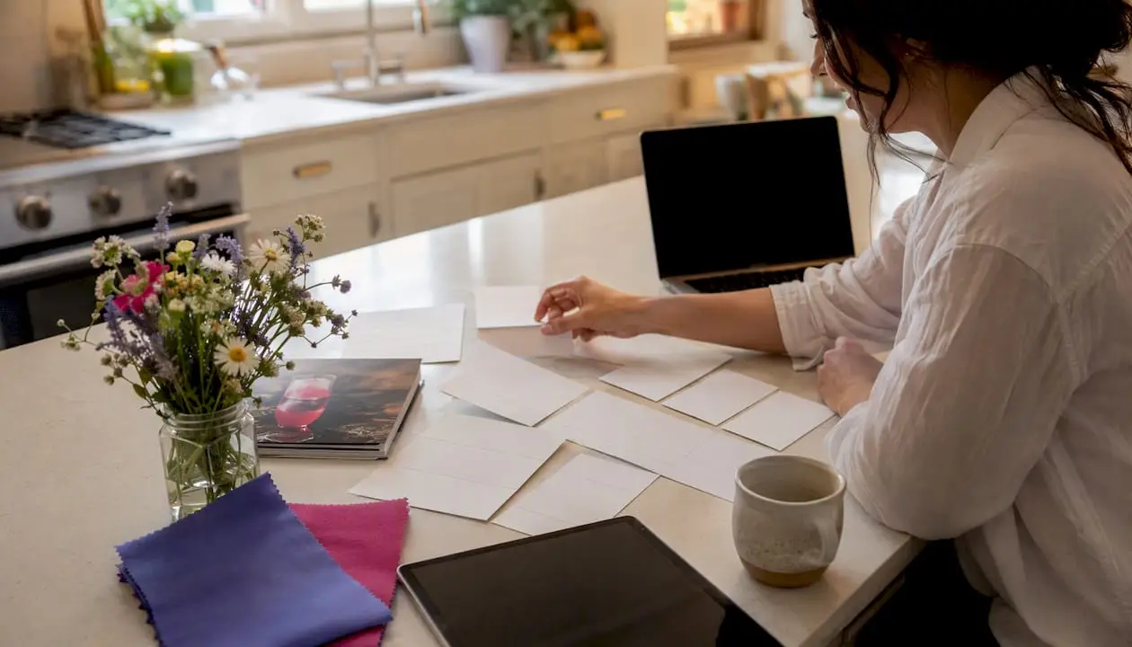 Hands arranging wedding planning materials on table