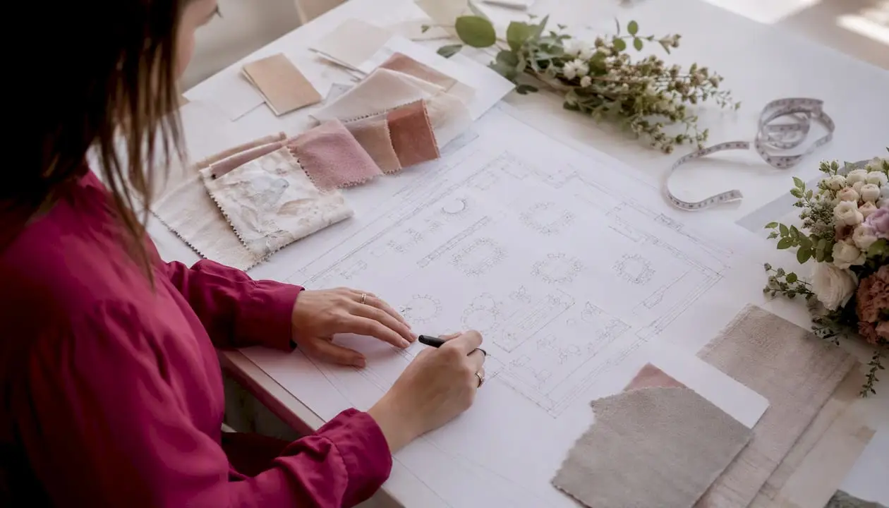 Planner sketching wedding design layouts