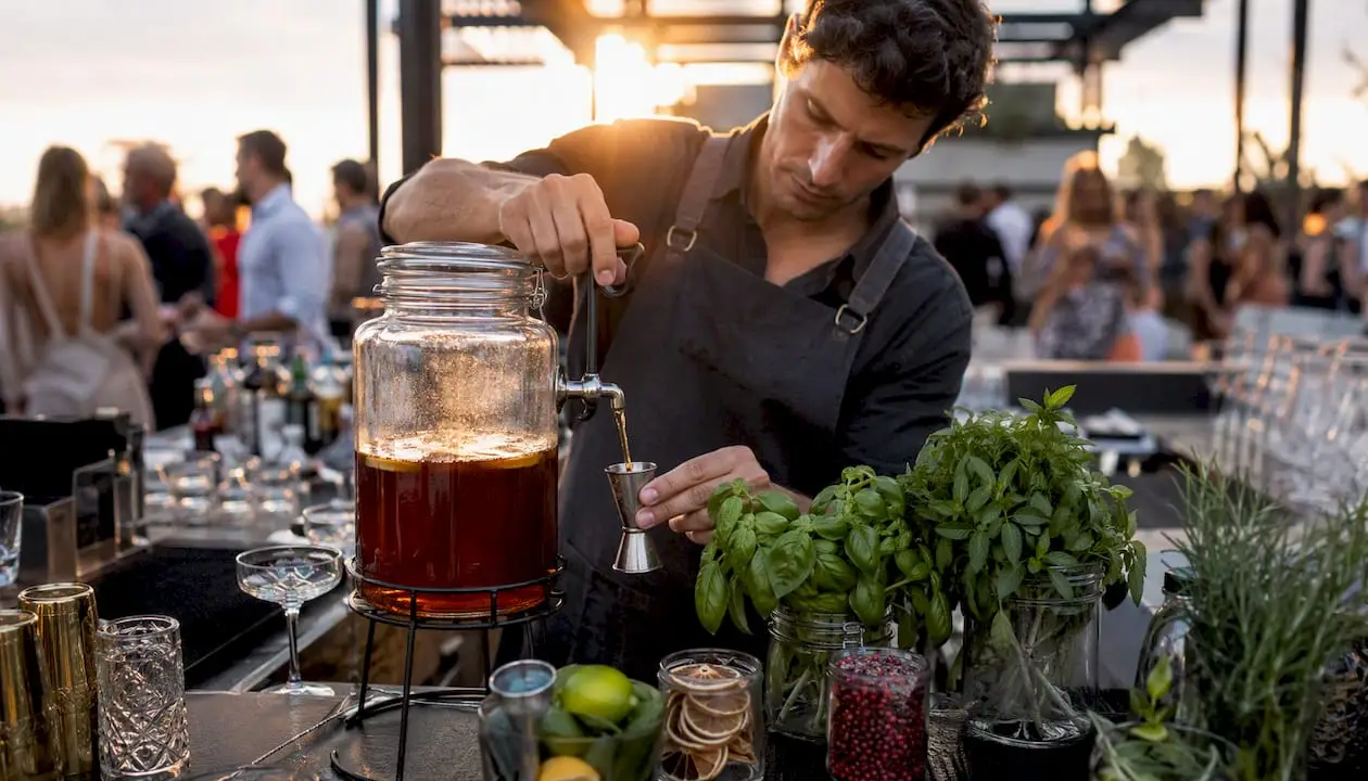 Bartender pouring pre-batched cocktail mix