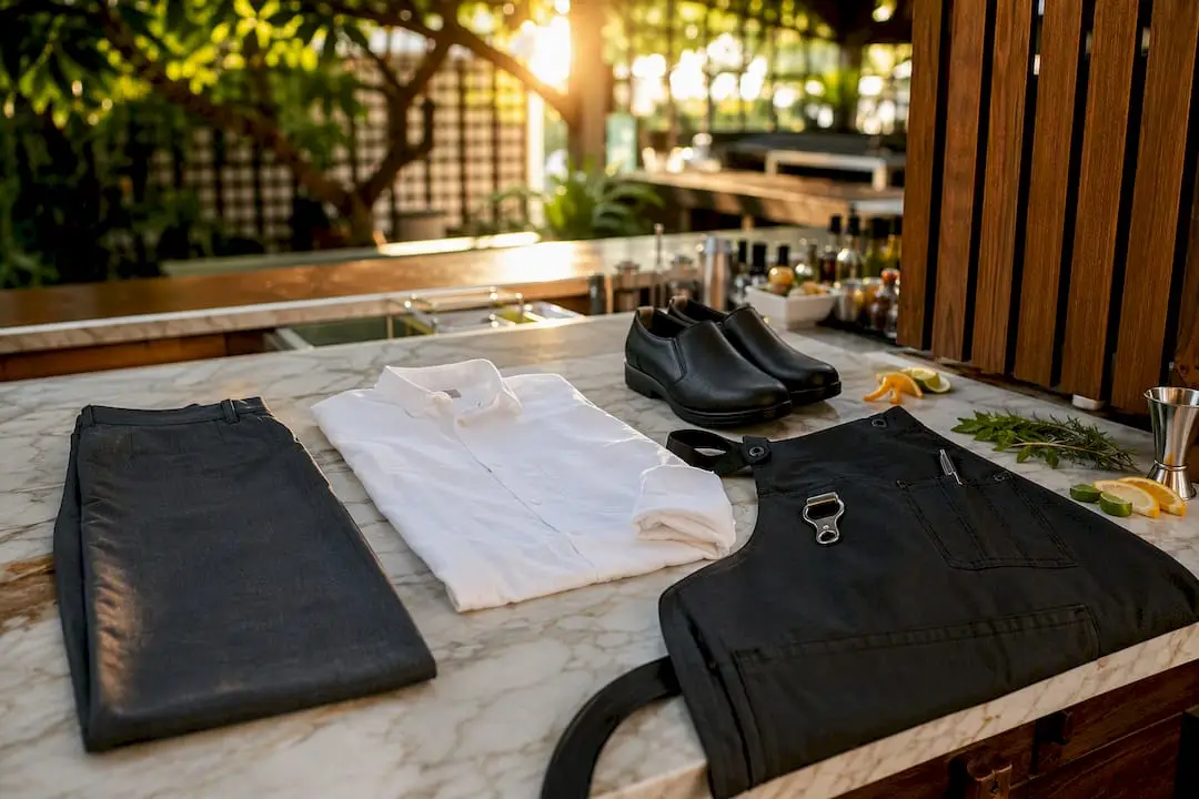 Bartender uniform pieces on bar counter