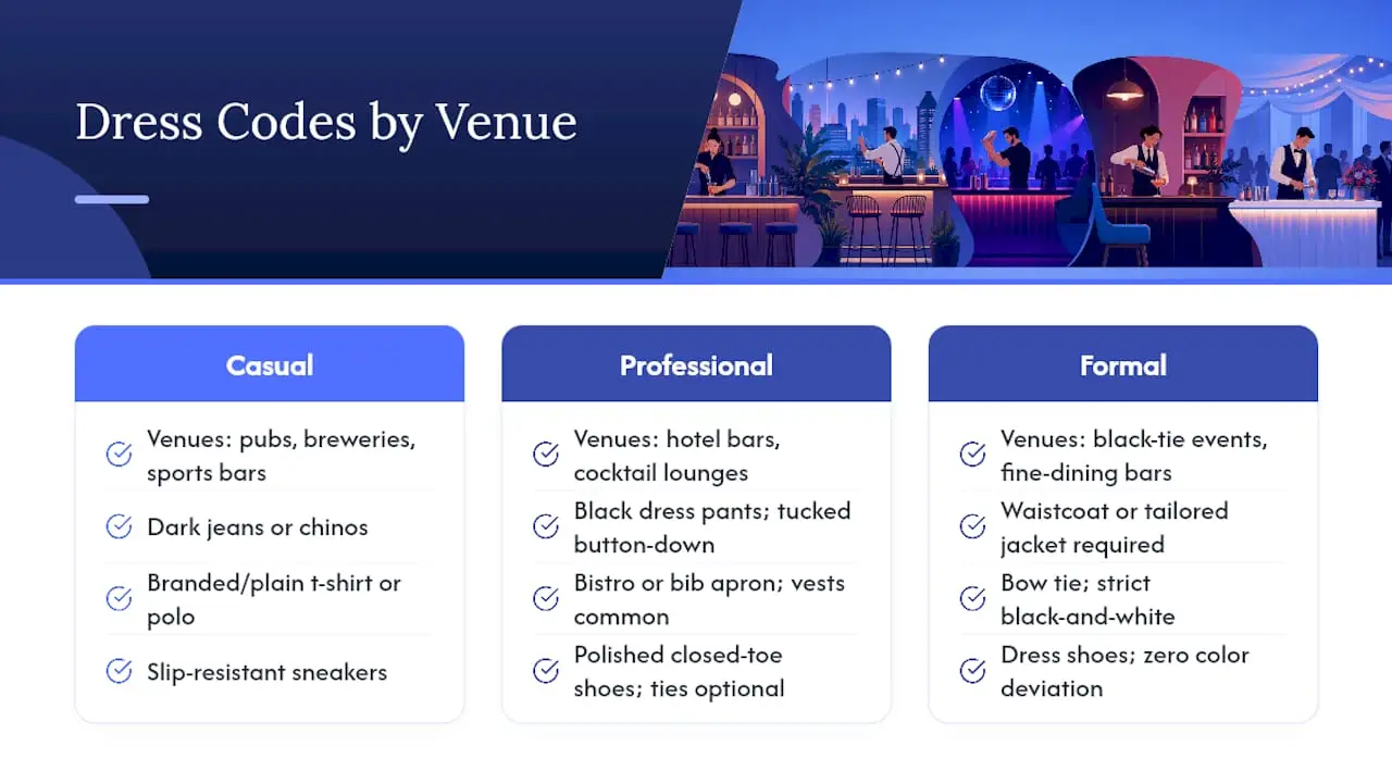 Diagram of bartender dress code tiers by venue