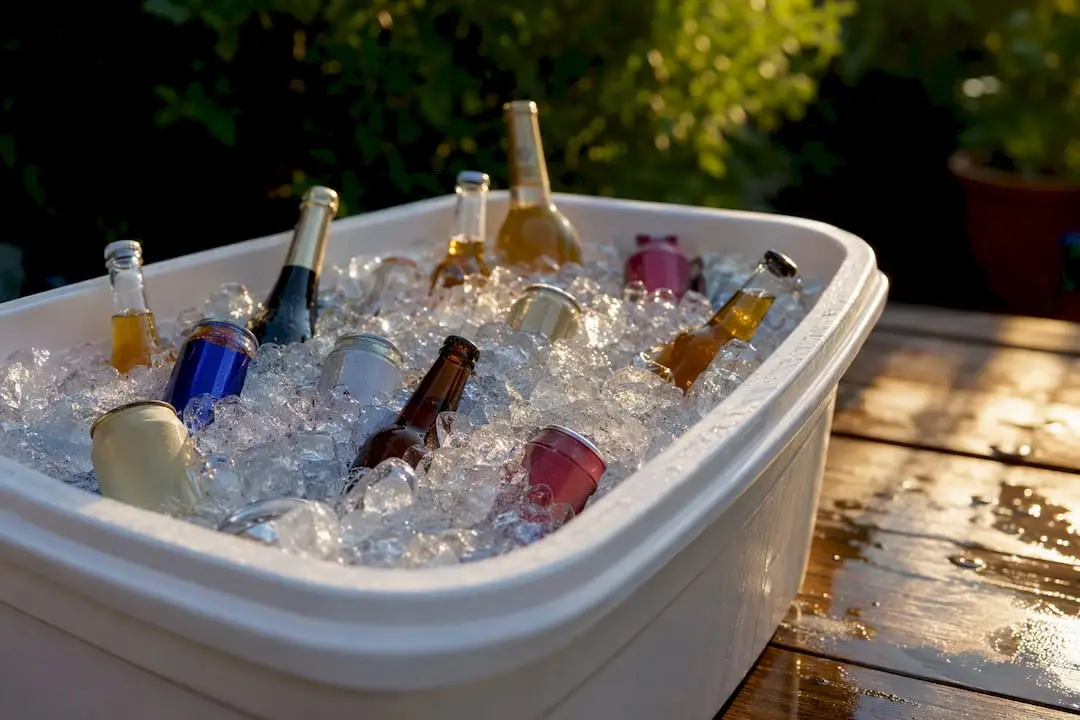 Party cooler filled with ice and drinks