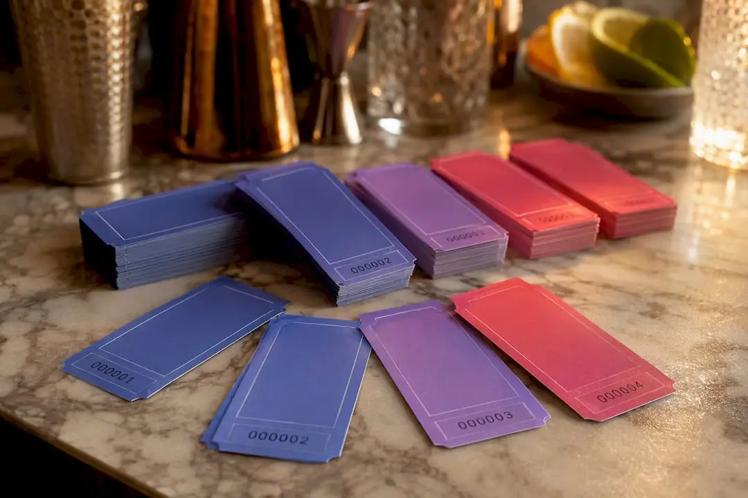 Close-up of paper rolls of numbered drink tickets