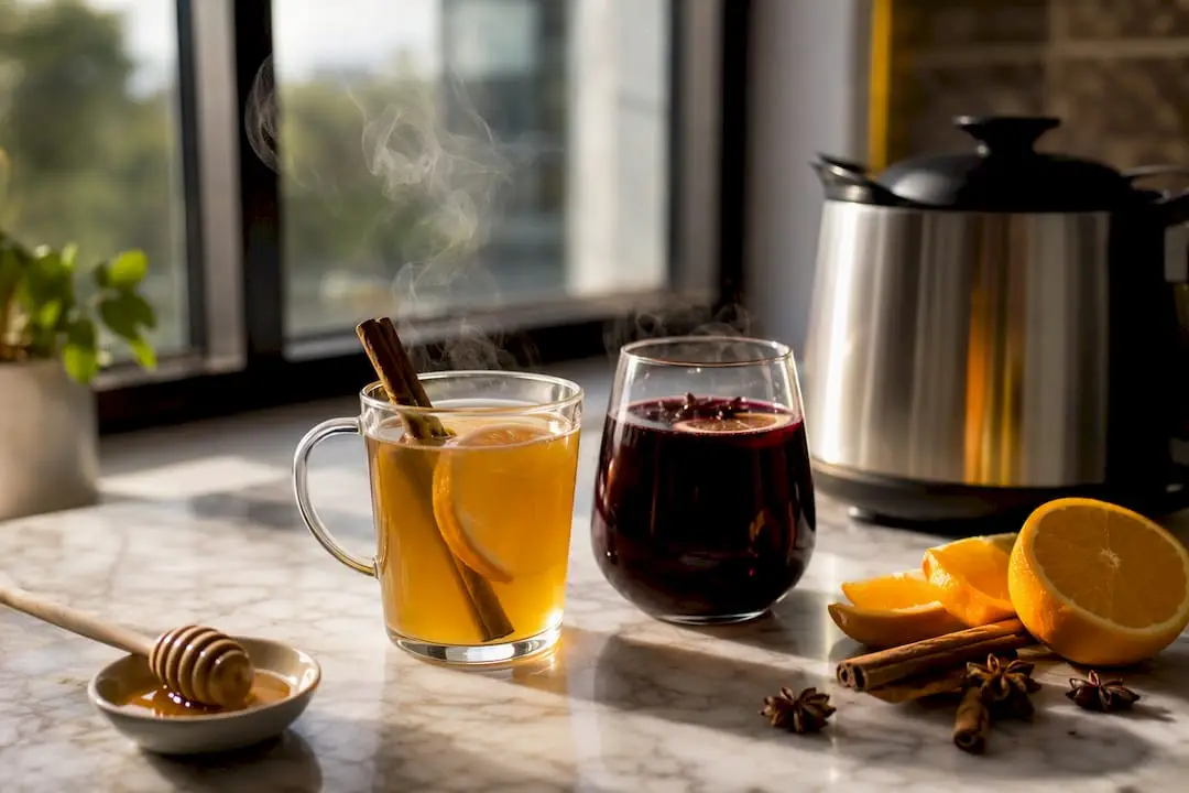 Warm spiced rum hot toddy and mulled wine drinks close-up