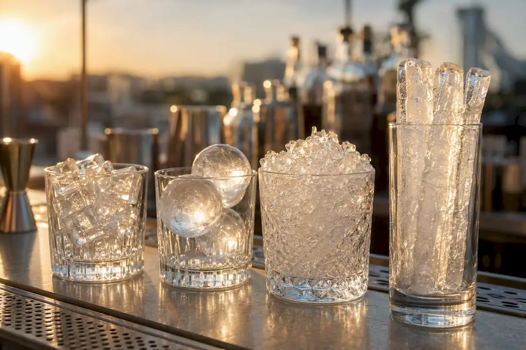 Cocktail glasses with different ice types