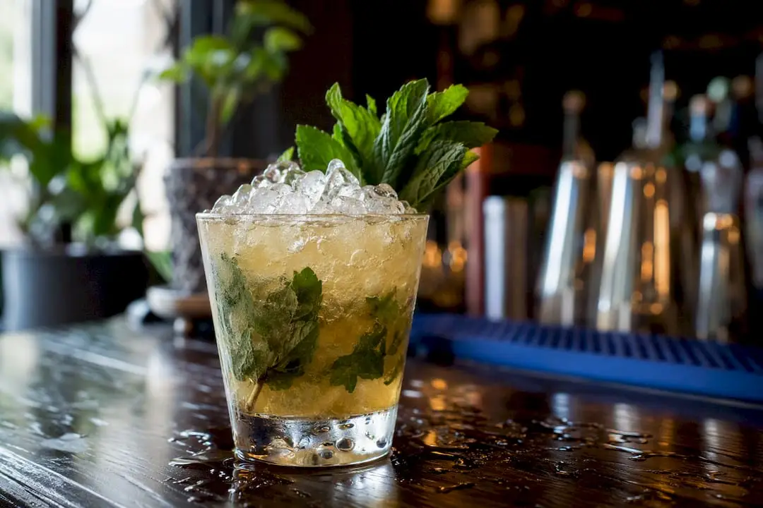 Mint julep glass with crushed ice and mint