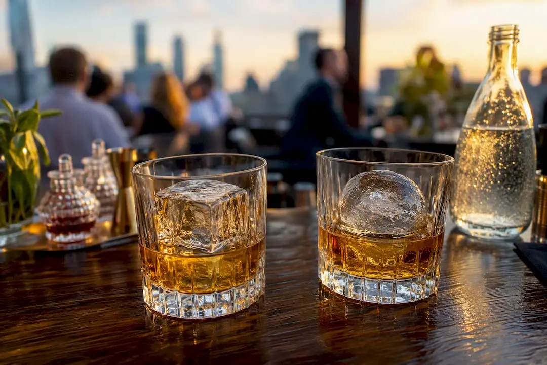 Whiskey glasses with large clear ice shapes