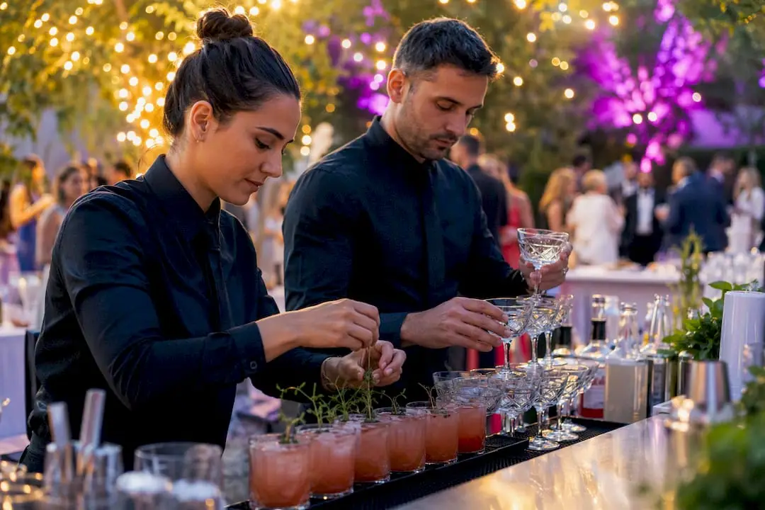Two bartenders preparing drinks collaboratively at event bar