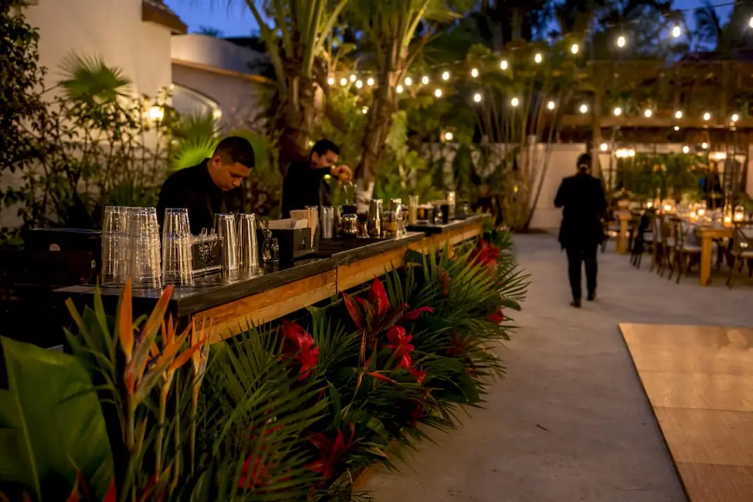 Outdoor backyard wedding bar at golden hour