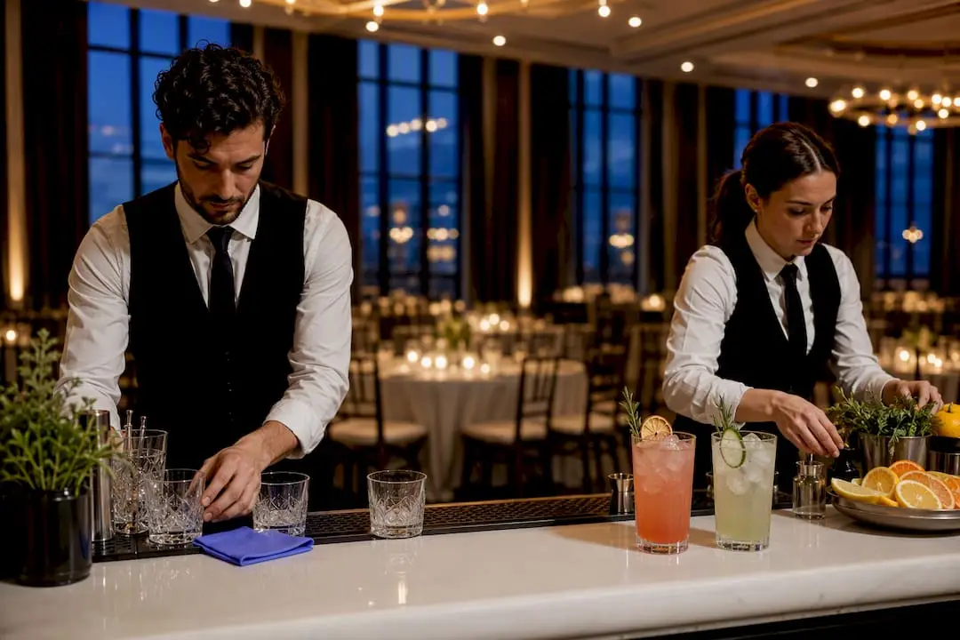 Bartenders preparing a dry wedding reception bar